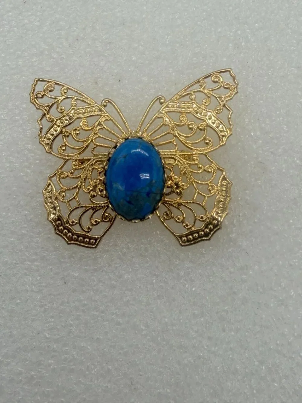 Vintage Gold Tone Filigree Butterfly Brooch Pin with Turquoise Colored Center